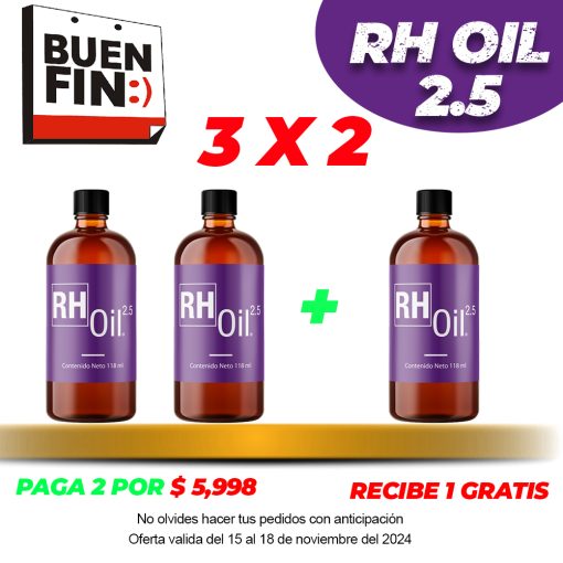 Paquete RH Oil 2.5 con 2,500mg. 21mg/ml. de CBD Frasco de 118ml. Aceite Vegetal con extracto de cannabis sativa L (CAÑAMO) sin THC.